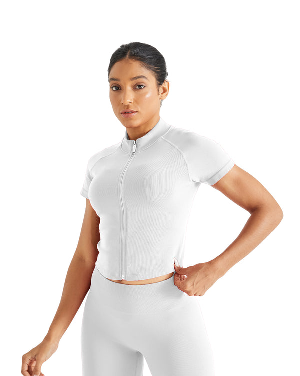 AUROLA Power Short Sleeve Zippy Ribbed Active Shirt for Women, Seamless Longline Workout T‑Shirt Athletic Yoga Zip Up Top